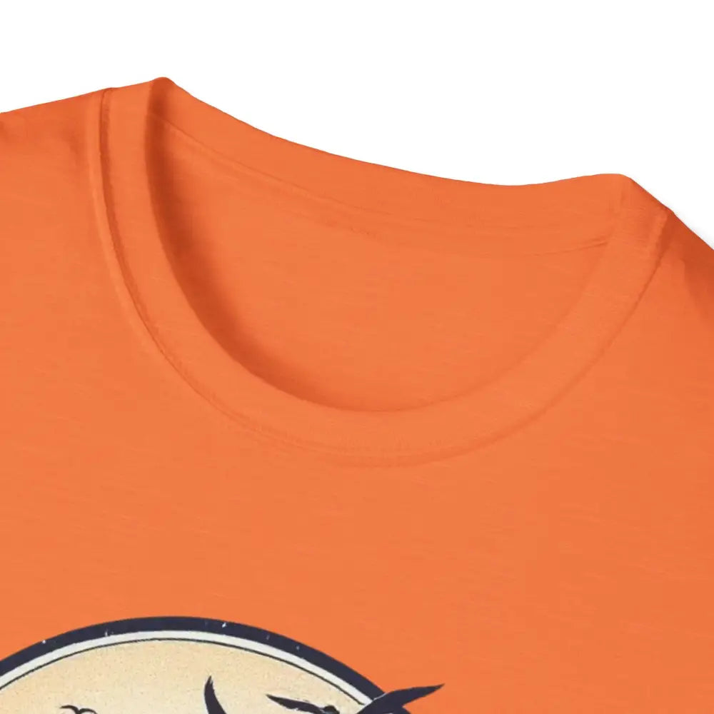 Close-up view of the neckline of an Orange Block Island Graphic Unisex Softstyle T Shirt