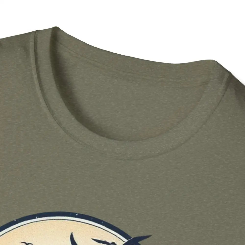 Olive green t-shirt neckline of Block Island Graphic Unisex Softstyle T Shirt