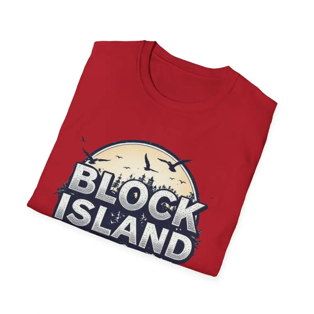 Folded red Block Island Graphic Unisex Softstyle T Shirt on a neutral background