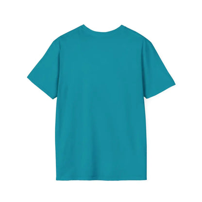 Teal short-sleeved Block Island Graphic Unisex Softstyle T Shirt displayed on a hanger