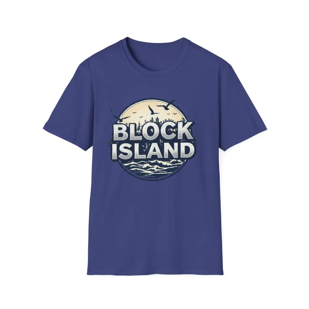 Blue unisex softstyle t-shirt featuring Block Island graphic design