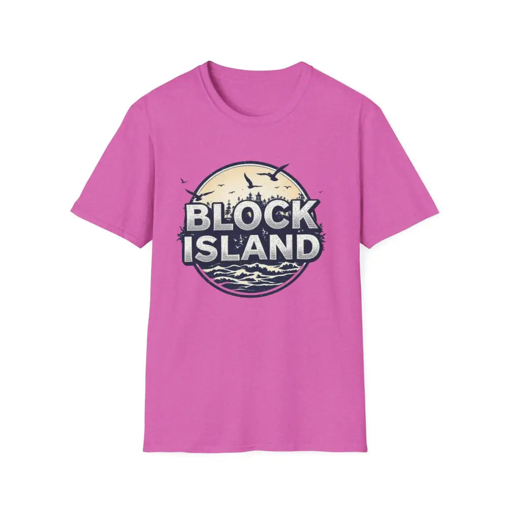 Pink Block Island graphic T-shirt for unisex, featuring a softstyle design
