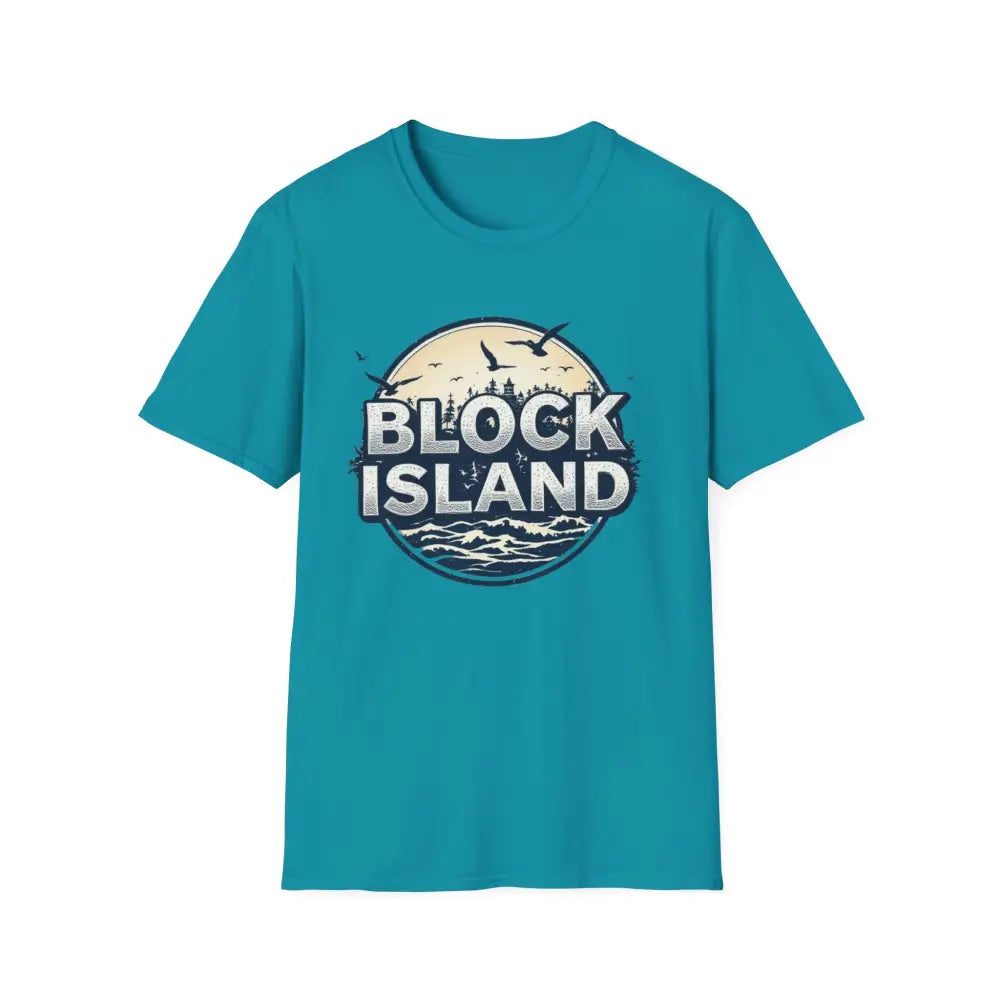 Teal unisex softstyle t-shirt featuring a Block Island graphic design