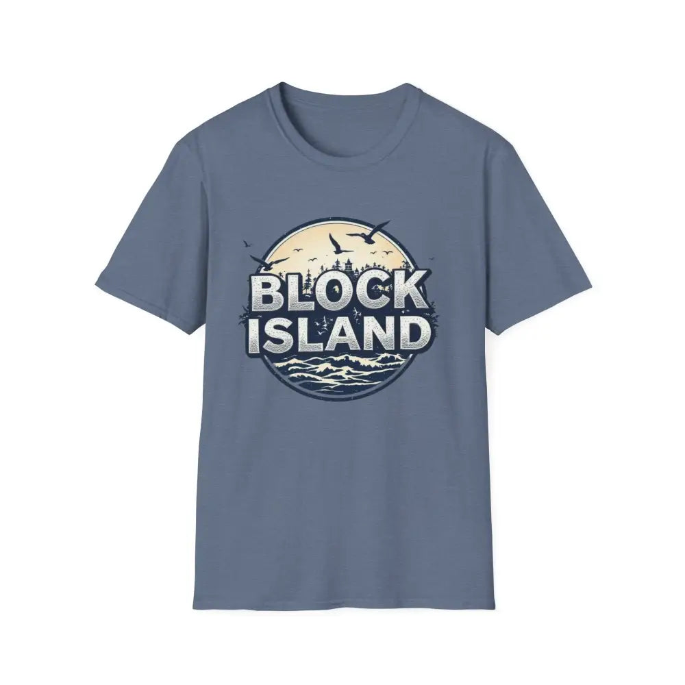 Blue t-shirt featuring Block Island graphic from Block Island Graphic Unisex Softstyle T Shirt