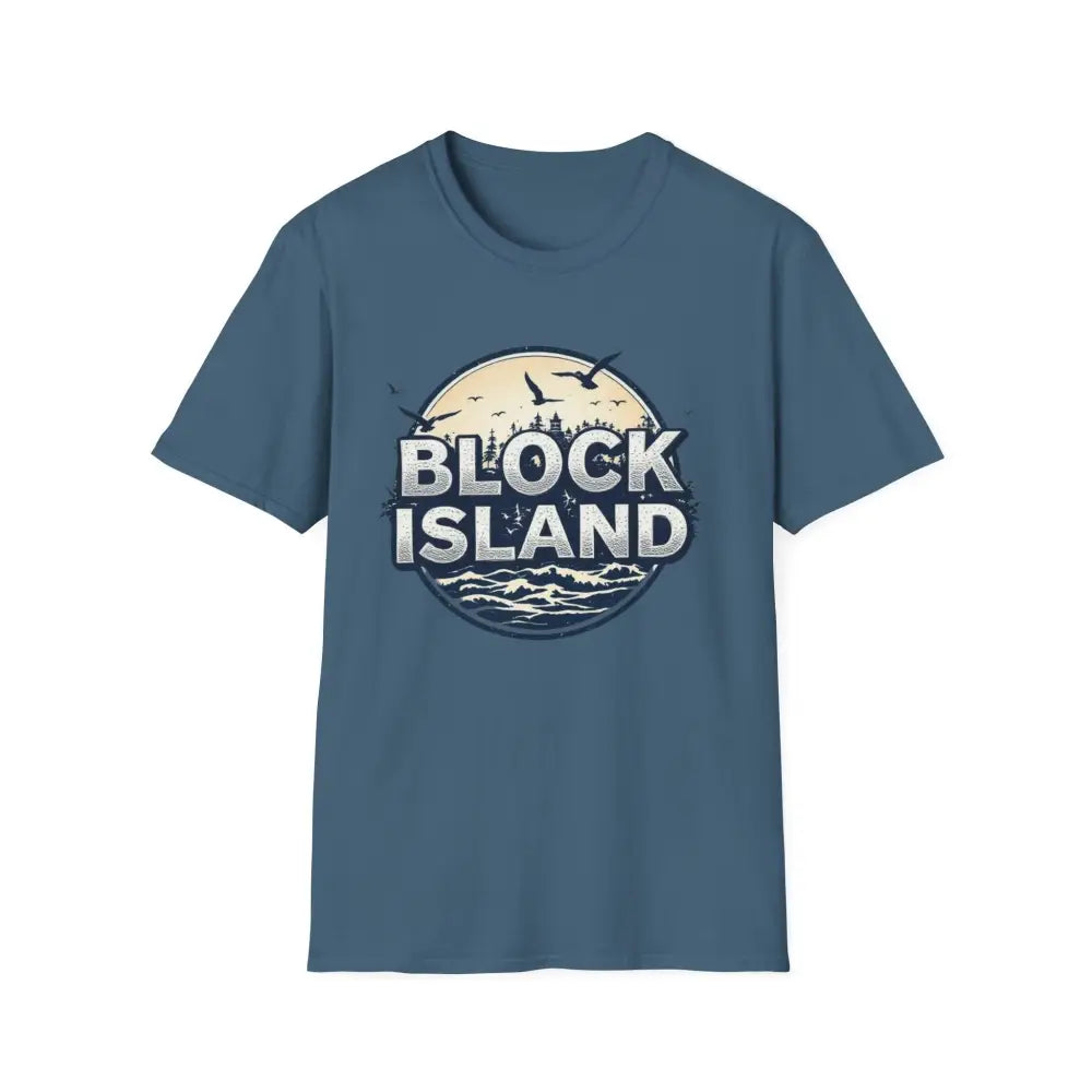 Blue Block Island graphic unisex softstyle t-shirt displayed for purchase