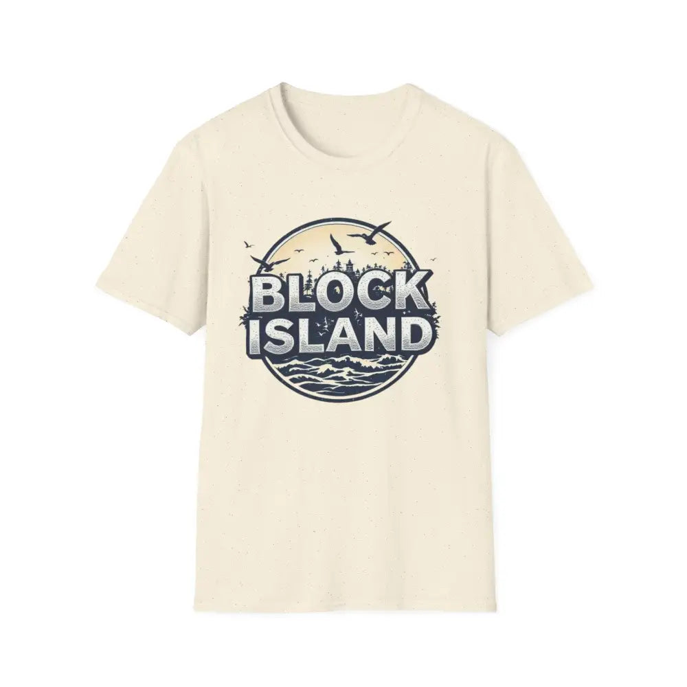 Beige Block Island graphic on a unisex softstyle t-shirt for casual wear