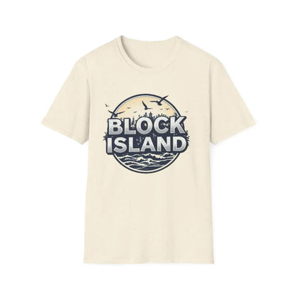 Beige Block Island graphic on a unisex softstyle t-shirt for casual wear