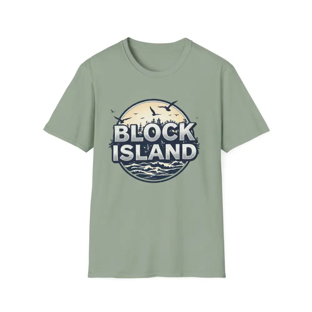 Green Block Island graphic unisex softstyle t-shirt displayed on a neutral background