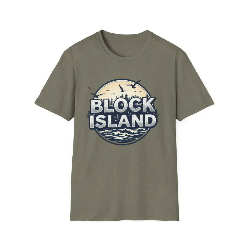 Olive green Block Island Graphic Unisex Softstyle T Shirt displayed on a mannequin