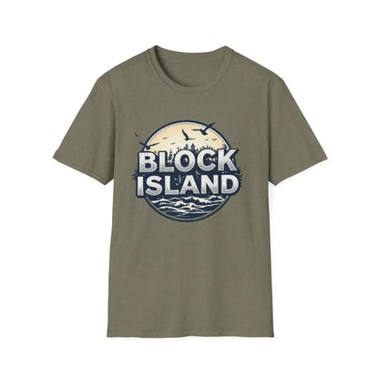 Olive green Block Island Graphic Unisex Softstyle T Shirt displayed on a mannequin