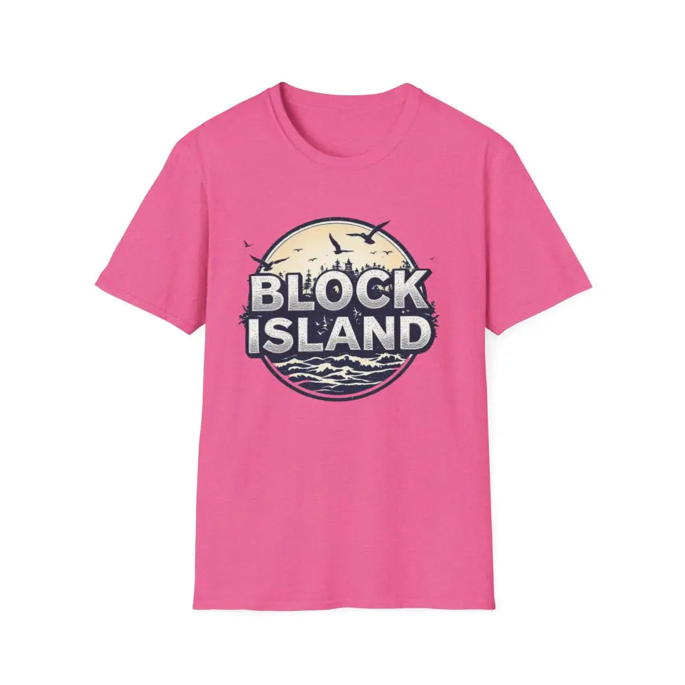 Pink Block Island Graphic Unisex Softstyle T-Shirt displayed on a neutral background