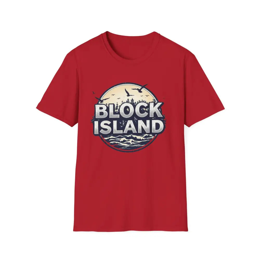 Red t-shirt featuring Block Island graphic from the Block Island Graphic Unisex Softstyle T Shirt
