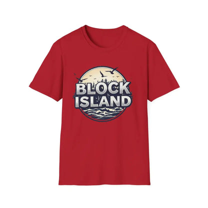 Red t-shirt featuring Block Island graphic from the Block Island Graphic Unisex Softstyle T Shirt