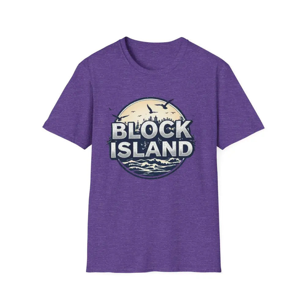 Purple Block Island graphic on a unisex softstyle T-shirt for stylish comfort