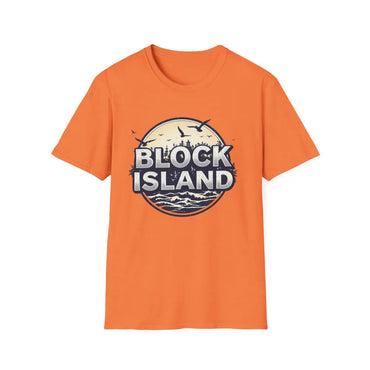 Orange Block Island Graphic Unisex Softstyle T Shirt displayed on a neutral background