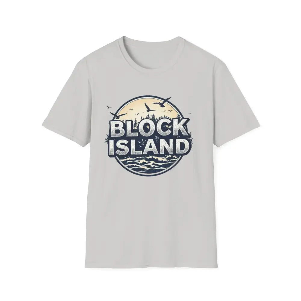Gray Block Island Graphic Unisex Softstyle T-Shirt displayed in a retail setting