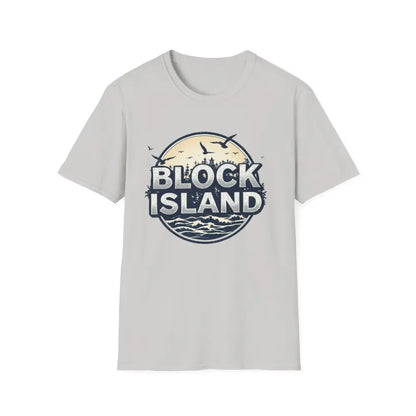 Gray Block Island Graphic Unisex Softstyle T-Shirt displayed in a retail setting