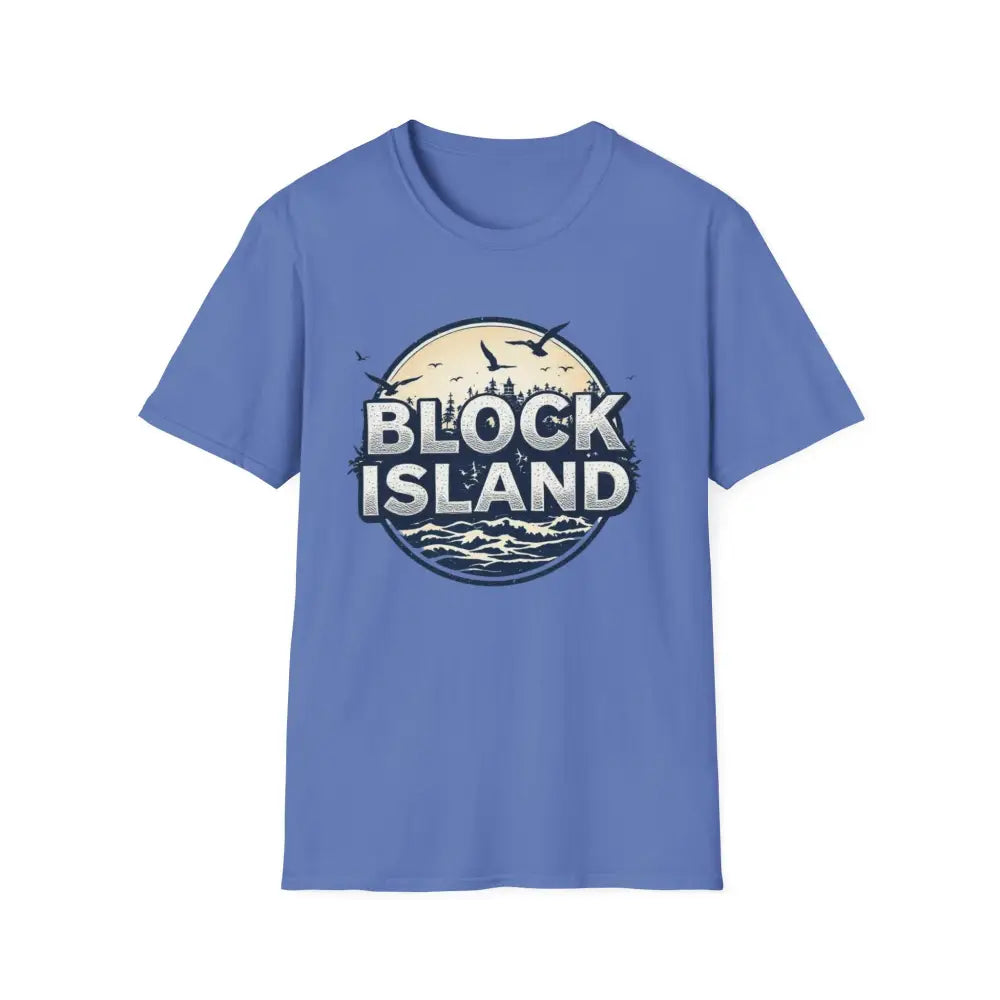 Blue unisex softstyle t-shirt featuring Block Island graphic design