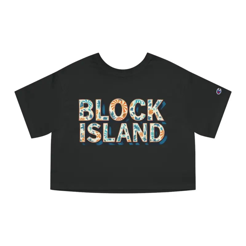 Black crop top featuring Block Island text, ideal for casual wear and summer style