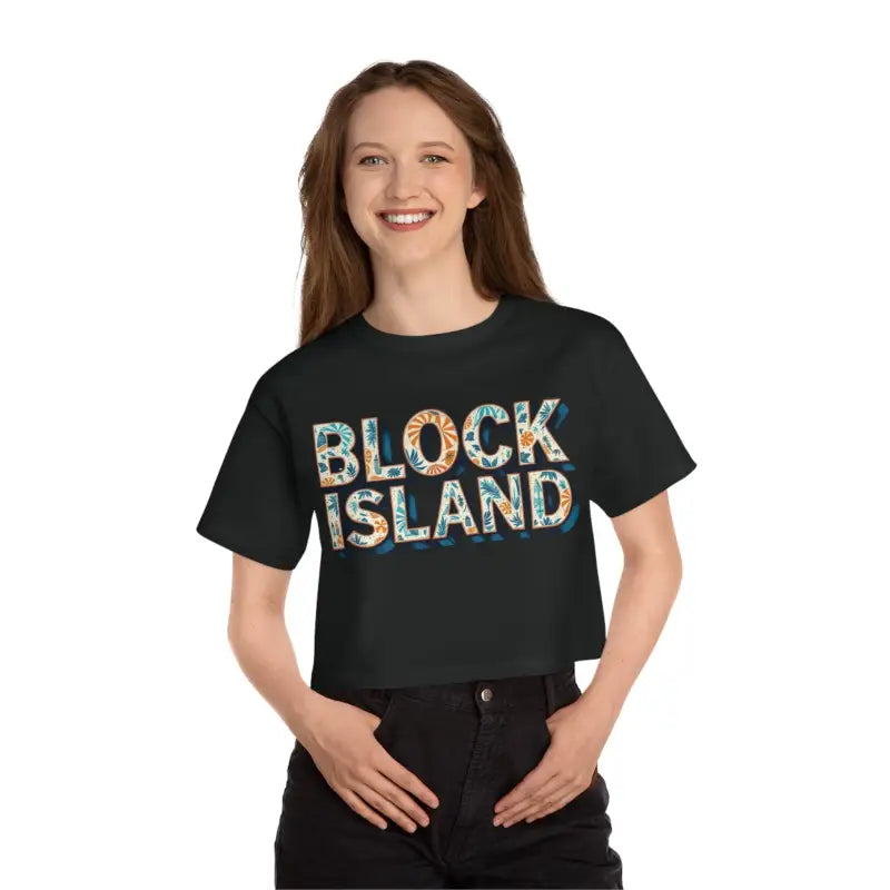 Black crop top featuring Block Island text from the Block Island Heritage Cropped T Shirt