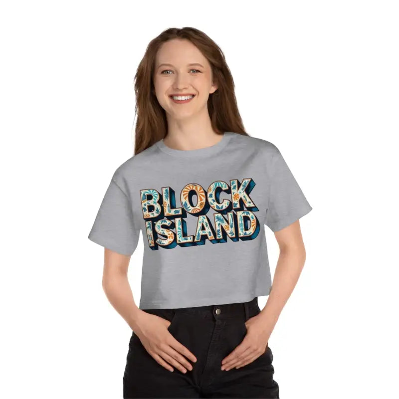 Gray Block Island Heritage Cropped T Shirt featuring ’Block Island’ text design