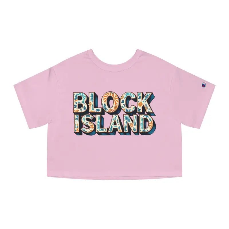 Pink Block Island Heritage Cropped T Shirt featuring ’Block Island’ text design