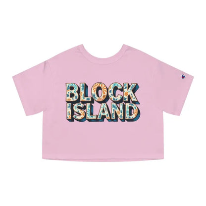 Pink Block Island Heritage Cropped T Shirt featuring ’Block Island’ text design