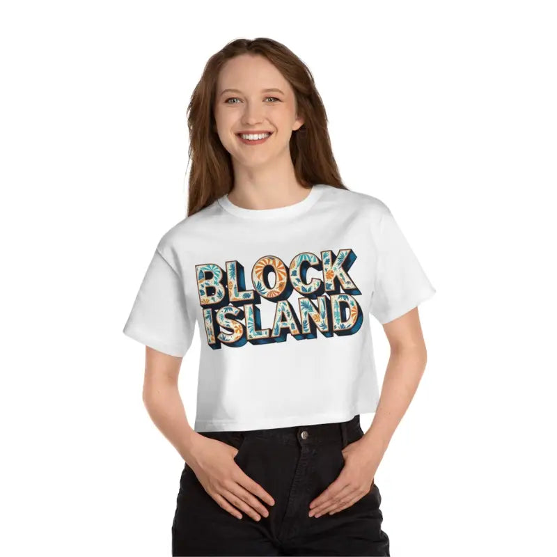 White Block Island Heritage Cropped T Shirt displayed elegantly on a neutral background