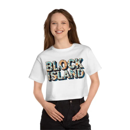 White Block Island Heritage Cropped T Shirt displayed elegantly on a neutral background