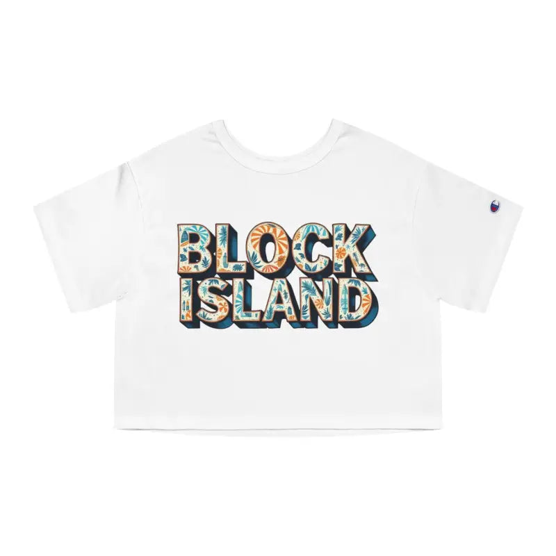 White Block Island Heritage Cropped T Shirt featuring stylish Block Island text design