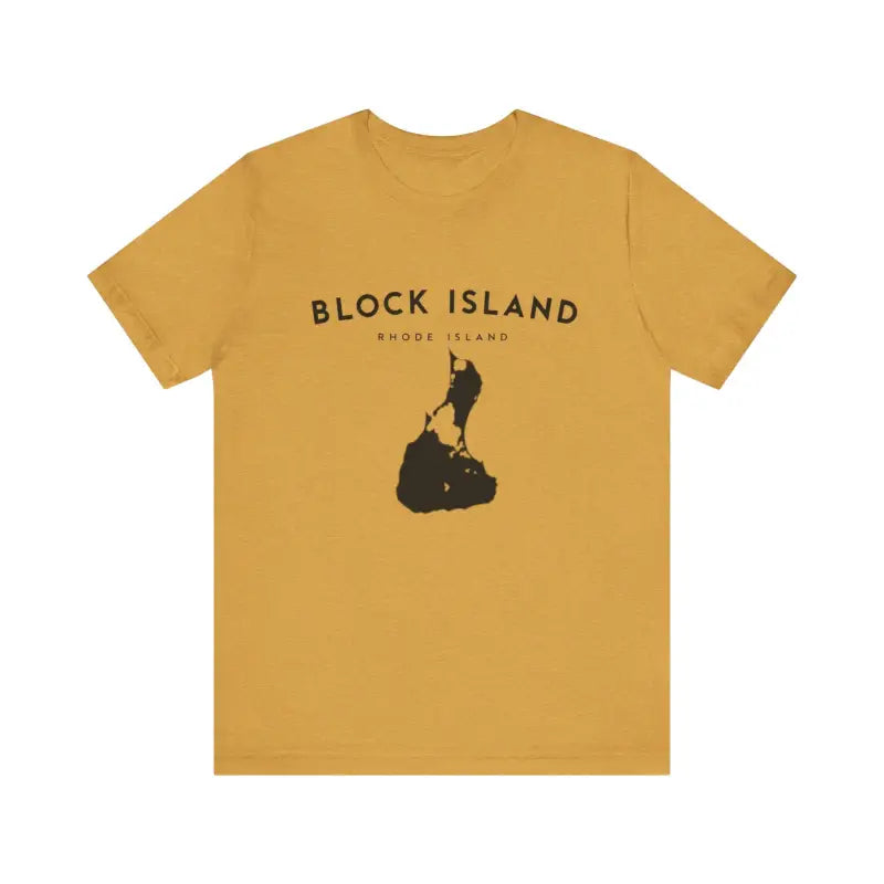 Mustard-colored t-shirt featuring Block Island design for coastal enthusiasts