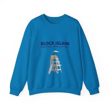 Blue sweatshirt featuring a beach scene from the Block Island Lifeguard Collection