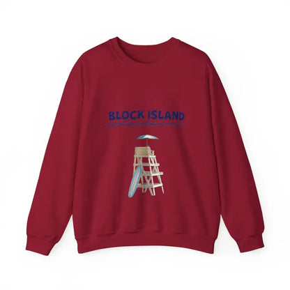 Maroon sweatshirt featuring lifeguard tower graphic from Block Island Lifeguard Collection