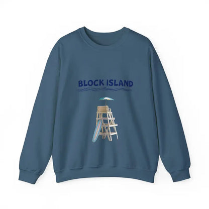 Blue sweatshirt with lifeguard tower graphic from Block Island Lifeguard Collection