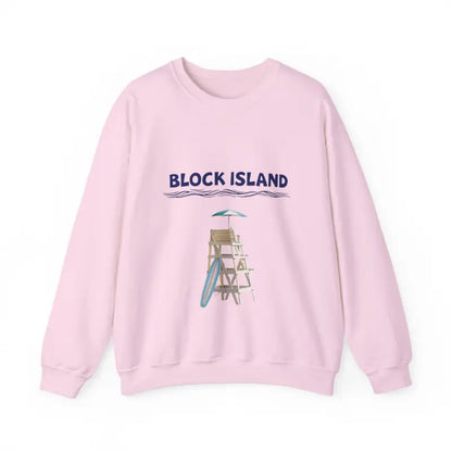Pink sweatshirt featuring beach design from Block Island Lifeguard Crewneck Collection