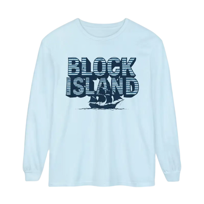 Light blue long-sleeved Block Island shirt featuring a ship design for coastal lovers