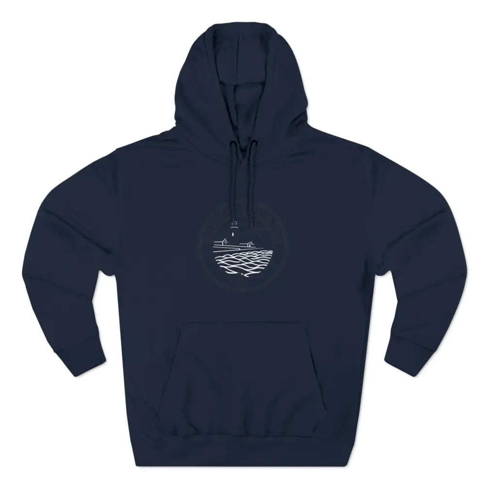 Navy blue Block Island North Light Unisex Fleece Hoodie with white graphic design