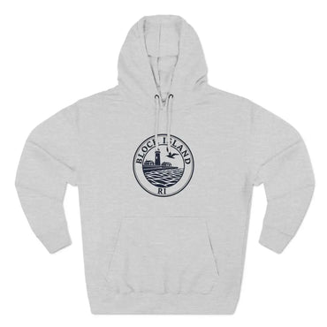 Gray Block Island North Light Unisex Fleece Hoodie featuring a circular logo