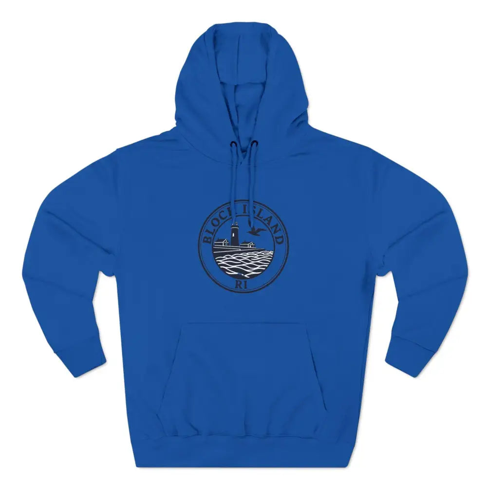 Blue hooded sweatshirt displayed as Block Island North Light Unisex Fleece Hoodie