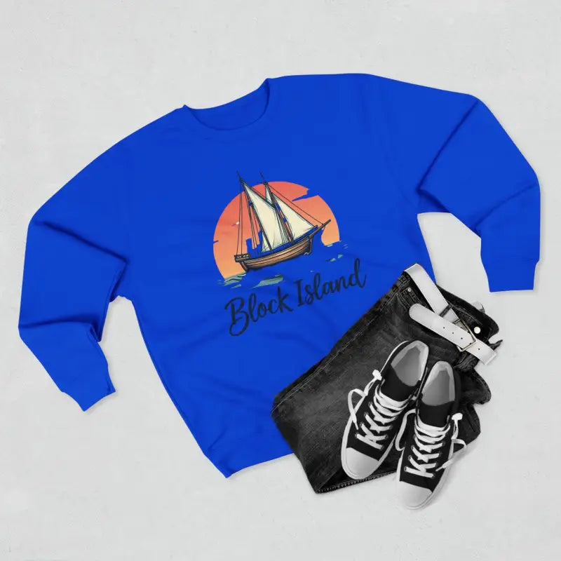 Blue Block Island sweatshirt featuring a nautical pirate ship design for unisex wear