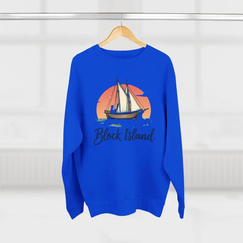Blue sweatshirt featuring a sailboat design from the Block Island Pirate Ship collection