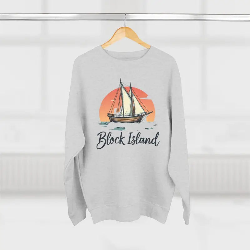 Gray sweatshirt featuring a sailboat graphic from Block Island Pirate Ship collection