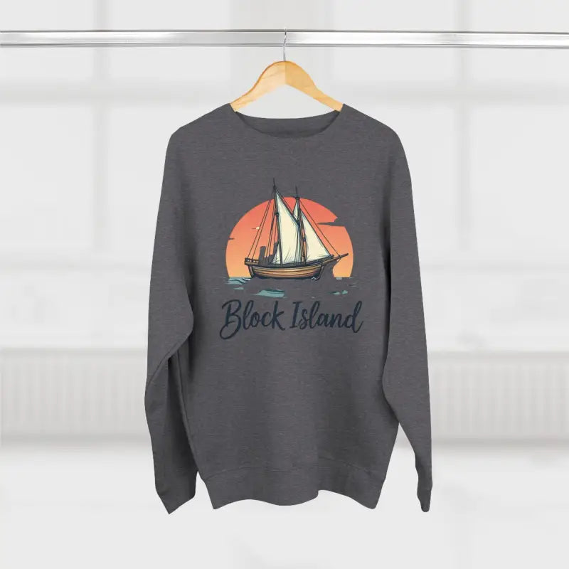 Gray sweatshirt featuring a sailboat graphic from the Block Island Pirate Ship collection