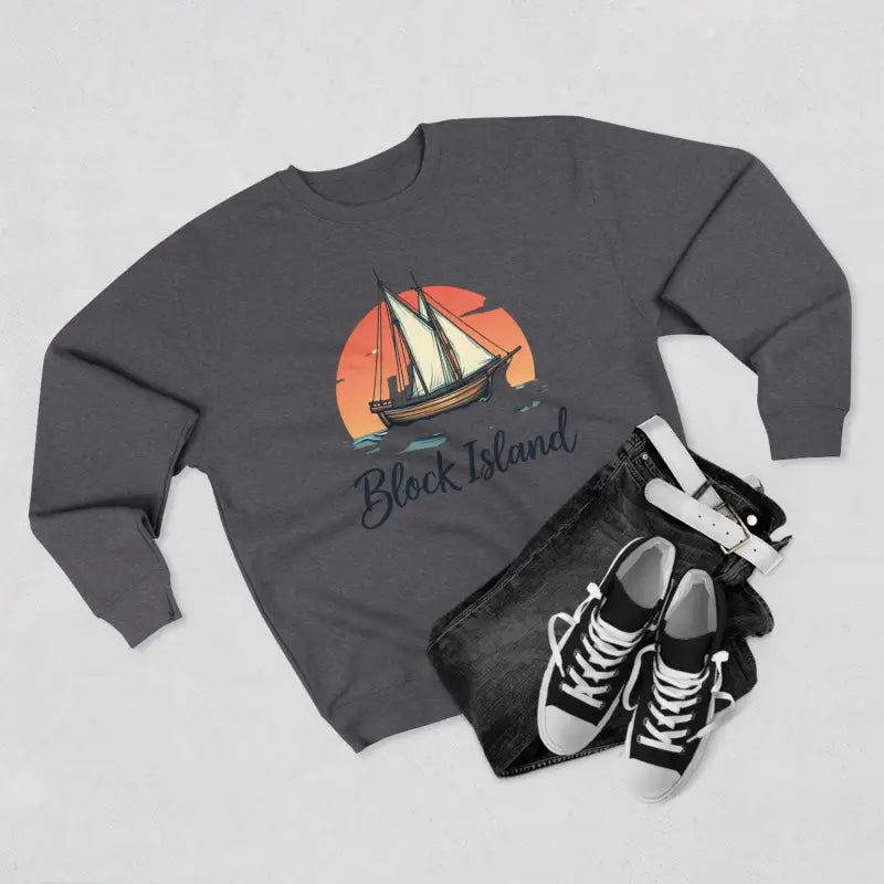 Gray Block Island sweatshirt featuring a nautical pirate ship design for unisex wear