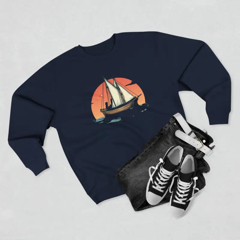 Navy blue sailboat sweatshirt featuring Block Island Pirate Ship design for unisex wear