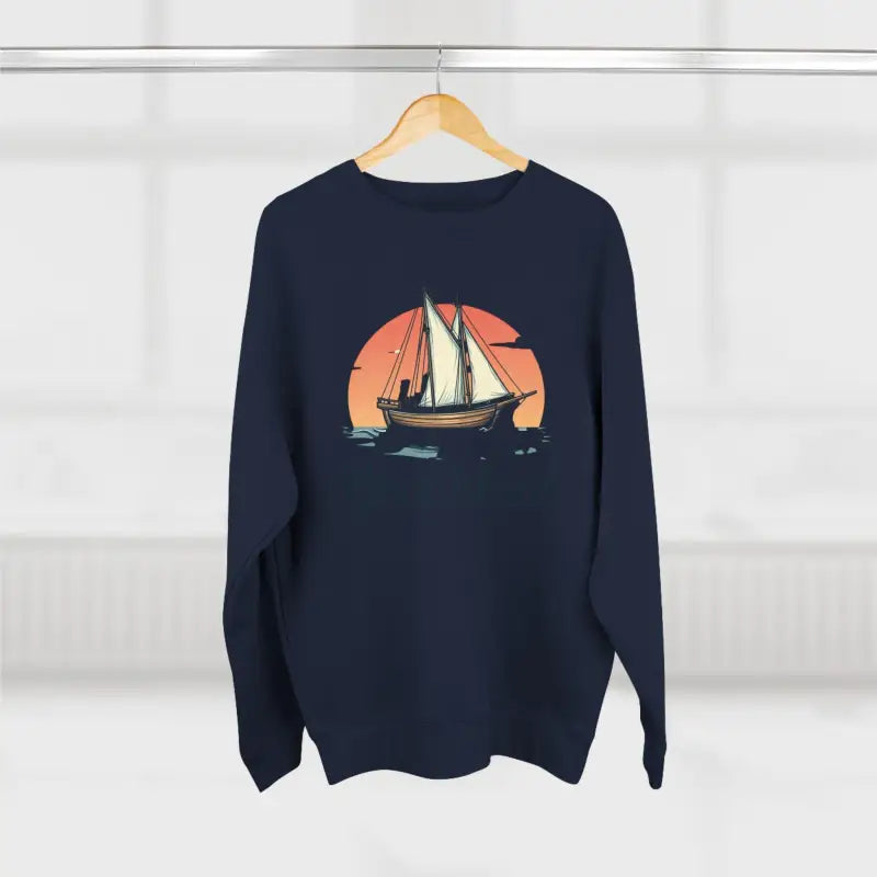 Navy blue sweatshirt featuring a sailboat graphic from Block Island Pirate Ship collection