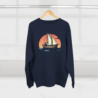 Navy blue sweatshirt featuring a sailboat graphic from Block Island Pirate Ship collection