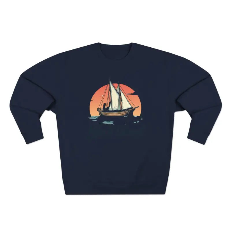 Navy blue sweatshirt featuring sailboat graphic from Block Island Pirate Ship collection