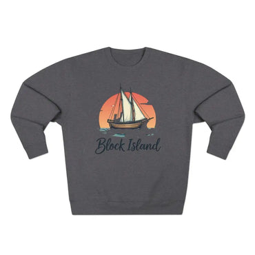 Gray crewneck sweatshirt featuring Block Island Pirate Ship design for unisex wear