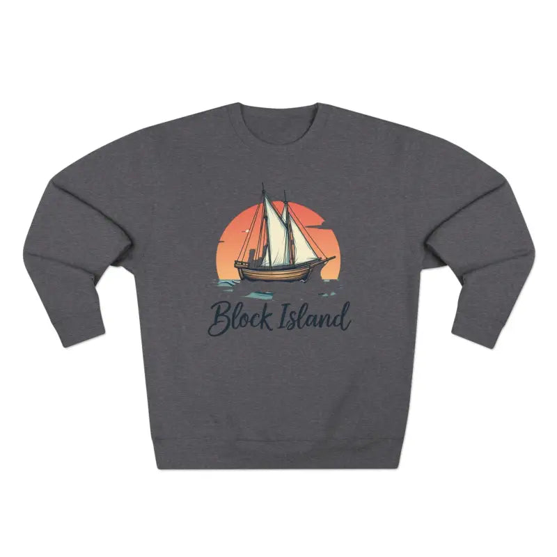 Gray crewneck sweatshirt featuring Block Island Pirate Ship design for unisex wear